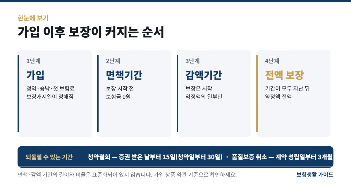 가입 이후 보장 단계 요약: 가입, 면책기간에는 보험금이 없고, 감액기간에는 일부만 지급되며, 이후 전액 보장. 청약철회는 증권 받은 날부터 15일, 품질보증 취소는 계약 성립일부터 3개월