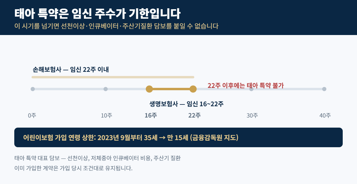 어린이보험 가입 시기와 보장 구성: 태아 특약 기한과 15세 가입 제한 2 태아 특약 가입 가능 시기 — 손해보험사 임신 22주 이내, 생명보험사 16~22주