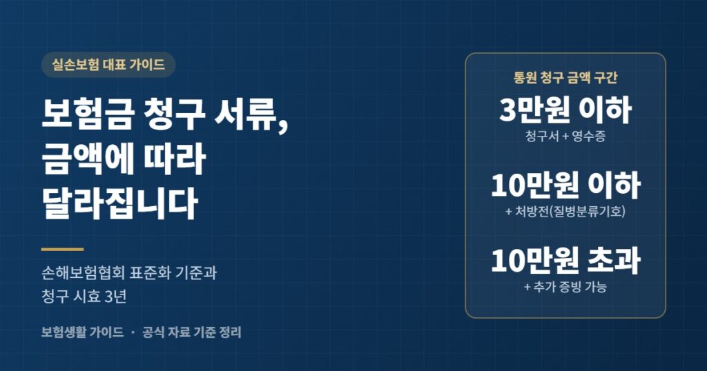 보험금 청구 서류 가이드 표지: 3만원 이하, 10만원 이하, 10만원 초과 구간별 서류