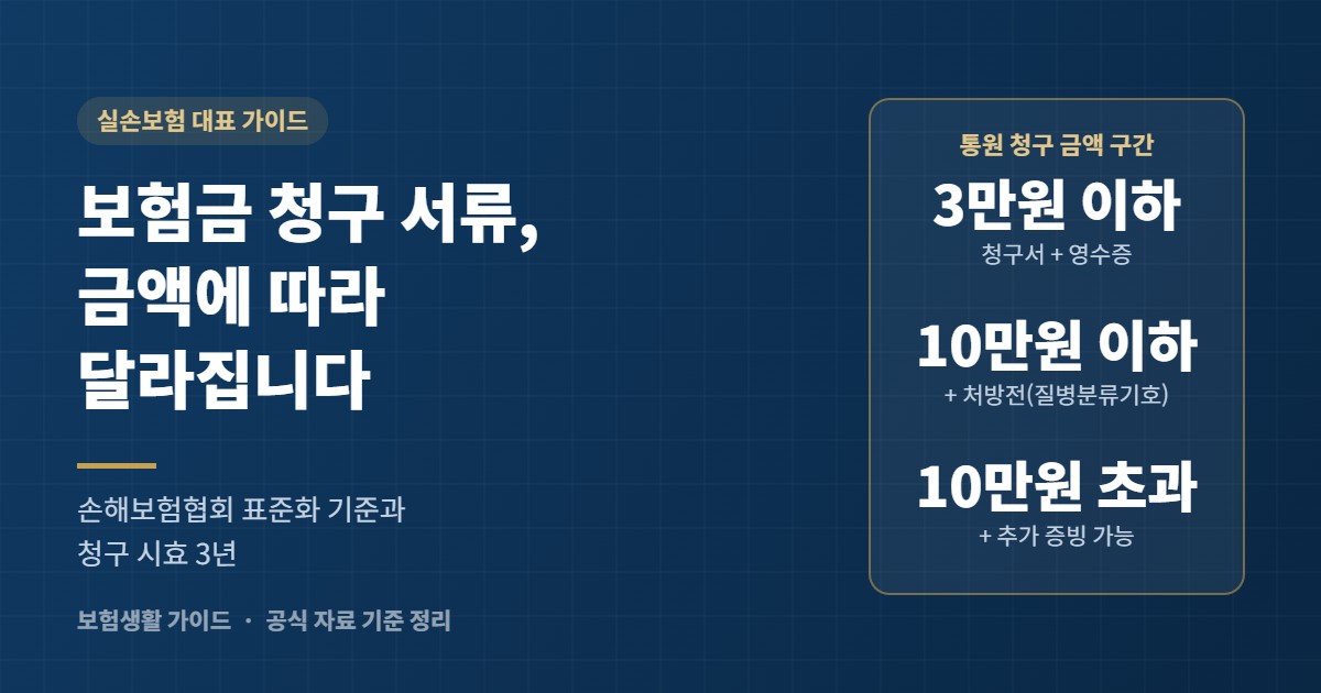 보험금 청구 서류 가이드 표지: 3만원 이하, 10만원 이하, 10만원 초과 구간별 서류